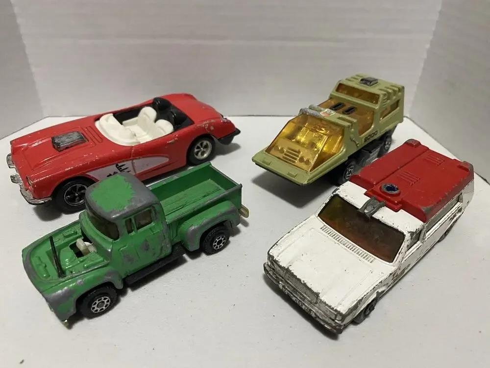 Lot Of Four Vintage Toy Cars Ambulance Truck Sportscar Futuristic Vehicle